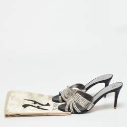 Pre Owned Gina Silver Leather Crystal Embellished Slide Sandals Size 40.5