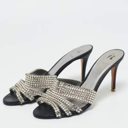 Pre Owned Gina Silver Leather Crystal Embellished Slide Sandals Size 40.5