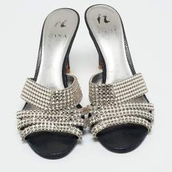 Pre Owned Gina Silver Leather Crystal Embellished Slide Sandals Size 40.5