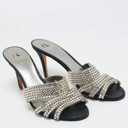 Pre Owned Gina Silver Leather Crystal Embellished Slide Sandals Size 40.5