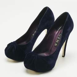 Pre Owned Gina Purple Velvet Claire Platform Pumps Size 39.5