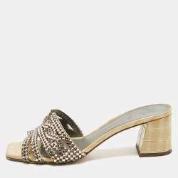 Pre Owned Gina Beige Croc Embossed Patent Leather and Leather Crystal Embellished Slide Sandals Size 38.5
