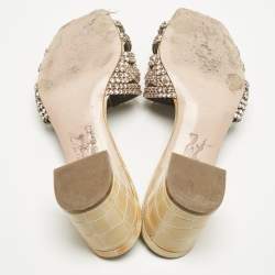 Pre Owned Gina Beige Croc Embossed Patent Leather and Leather Crystal Embellished Slide Sandals Size 38.5