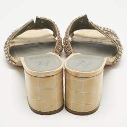 Pre Owned Gina Beige Croc Embossed Patent Leather and Leather Crystal Embellished Slide Sandals Size 38.5