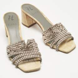 Pre Owned Gina Beige Croc Embossed Patent Leather and Leather Crystal Embellished Slide Sandals Size 38.5