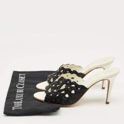 Pre Owned Gina Black Leather Crystal Embellished Slide Sandals Size 38