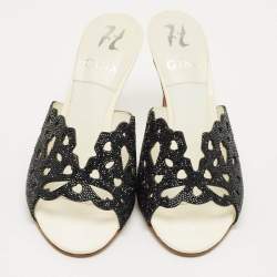 Pre Owned Gina Black Leather Crystal Embellished Slide Sandals Size 38