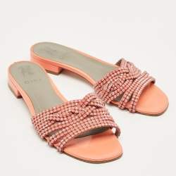 Pre Owned Gina Pink Leather Crystals Embellish Flat Sandals Size 40