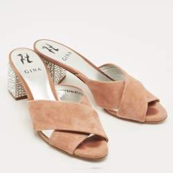 Pre Owned Gina Beige Suede Cross Strap Crystal Embellished Block Heel Slide Sandals Size 39.5