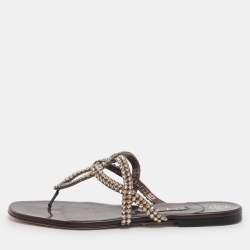 Pre Owned Gina Burgundy Crystal Embellished Leather Thong Flat Slides Size 38.5