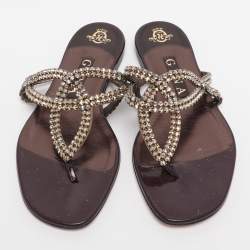 Pre Owned Gina Burgundy Crystal Embellished Leather Thong Flat Slides Size 38.5