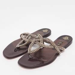 Pre Owned Gina Burgundy Crystal Embellished Leather Thong Flat Slides Size 38.5