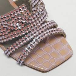 Pre Owned Gina Purple Croc Embossed Leather Slide Crystal Embellished Slide Sandals Size 37.5