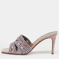 Pre Owned Gina Purple Croc Embossed Leather Slide Crystal Embellished Slide Sandals Size 37.5