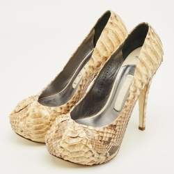 Pre Owned Gina Beige/Brown Python Leather Hoodie Platform Pumps Size 37