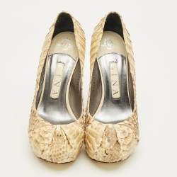 Pre Owned Gina Beige/Brown Python Leather Hoodie Platform Pumps Size 37