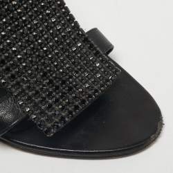 Pre Owned Gina Black Crystals and Leather Slide Sandals Size 37