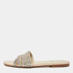 Pre Owned Gina Silver Leather Crystal Embellished Flat Slide Size 37