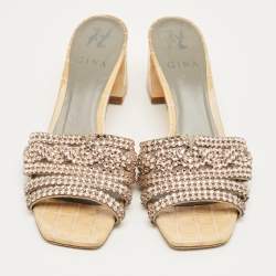 Pre Owned Gina Beige Croc Embosse and Leather Crystal Embellished Loren Slide Sandals Size 39