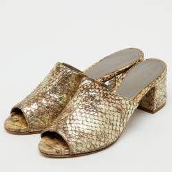 Pre Owned Gina Metallic Beige Snakeskin Leather Block Heel Slide Sandals Size 38