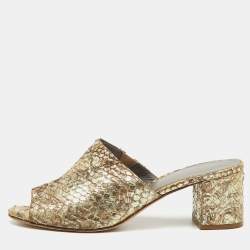 Pre Owned Gina Metallic Beige Snakeskin Leather Block Heel Slide Sandals Size 38