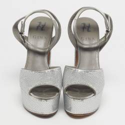 Pre Owned Gina Grey Satin and Sequins Platform Ankle Strap Sandals Size 36.5
