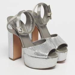 Pre Owned Gina Grey Satin and Sequins Platform Ankle Strap Sandals Size 36.5