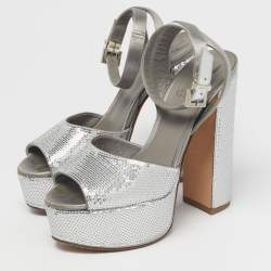 Pre Owned Gina Grey Satin and Sequins Platform Ankle Strap Sandals Size 36.5