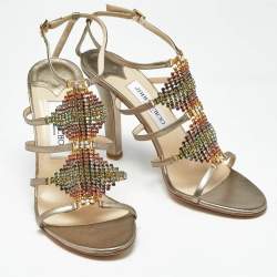 Pre Owned Gina Metallic Gold Leather Crystal Embellished Ankle Strap Sandals Size 39
