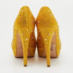 Pre Owned Gina Yellow Satin Dolly Crystal Embellished Platform Pumps Size 37.5