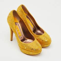 Pre Owned Gina Yellow Satin Dolly Crystal Embellished Platform Pumps Size 37.5