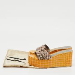 Pre Owned Gina Yellow Croc Embossed Patent Leather Crystal Wedge Platform Sandals Size 40.5
