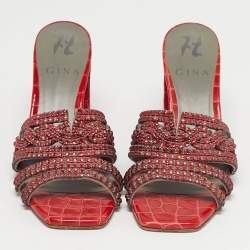 مملوكة مسبقًا Gina Red Leather Crystal Embellished Slide Sandals Size 36