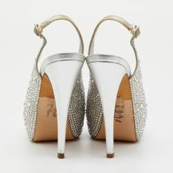 Pre Owned Gina Grey Satin Crystal Embellished Peep Toe Slingback Platform Sandals Size 37