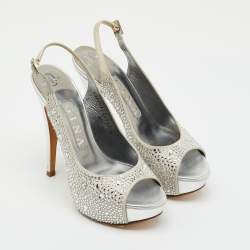 Pre Owned Gina Grey Satin Crystal Embellished Peep Toe Slingback Platform Sandals Size 37