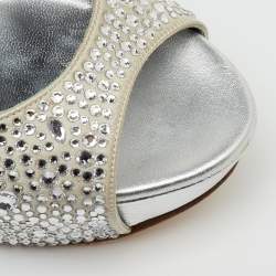 Pre Owned Gina Grey Satin Crystal Embellished Peep Toe Slingback Platform Sandals Size 37
