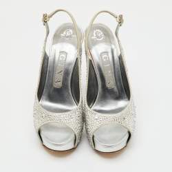 Pre Owned Gina Grey Satin Crystal Embellished Peep Toe Slingback Platform Sandals Size 37