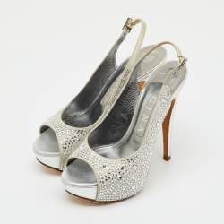 Pre Owned Gina Grey Satin Crystal Embellished Peep Toe Slingback Platform Sandals Size 37