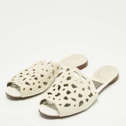 Pre Owned Gina Cream Laser-Cut Leather Embellishment Flat Sandals Size 37.5