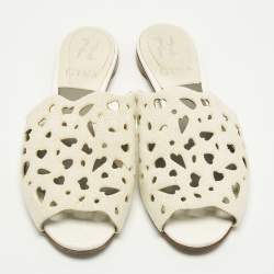 Pre Owned Gina Cream Laser-Cut Leather Embellishment Flat Sandals Size 37.5