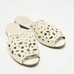 Pre Owned Gina Cream Laser-Cut Leather Embellishment Flat Sandals Size 37.5