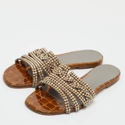 Pre Owned Gina Brown Crystal Embellished Leather Loren Flat Sandals Size 39