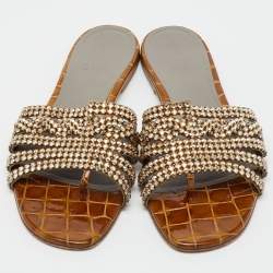 Pre Owned Gina Brown Crystal Embellished Leather Loren Flat Sandals Size 39