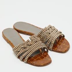 Pre Owned Gina Brown Crystal Embellished Leather Loren Flat Sandals Size 39