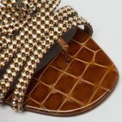 Pre Owned Gina Brown Crystal Embellished Leather Loren Flat Sandals Size 39