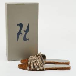 Pre Owned Gina Brown Crystal Embellished Leather Loren Flat Sandals Size 39