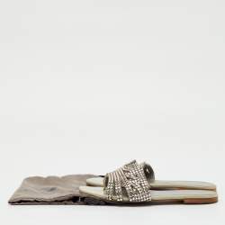 Pre Owned Gina Grey Leather Loren Crystal Embellished Flat Slide Sandals Size 39