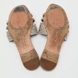 Pre Owned Gina Grey Leather Loren Crystal Embellished Flat Slide Sandals Size 39