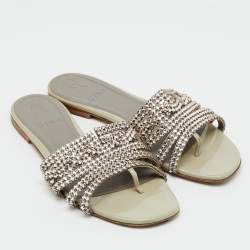 Pre Owned Gina Grey Leather Loren Crystal Embellished Flat Slide Sandals Size 39