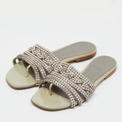 Pre Owned Gina Grey Leather Loren Crystal Embellished Flat Slide Sandals Size 39